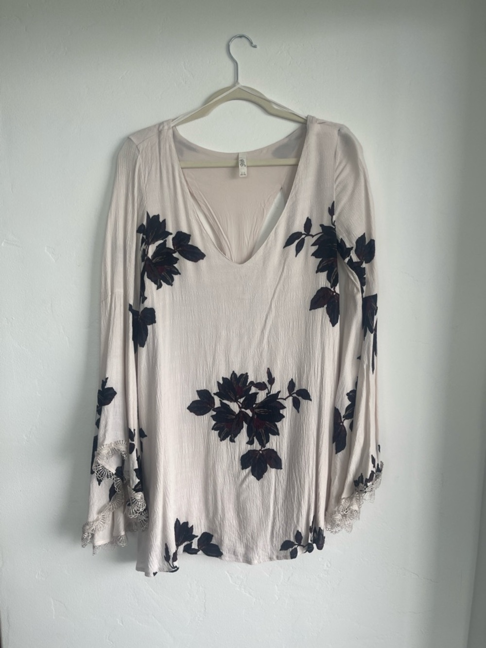 Free People Cream V-Neck Long Sleeve Mini Dress with Dark Floral Motif